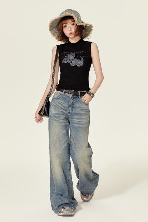 High-Neck Printed Black T-Shirt Top for Women - Spicy Girl Summer Vest, Slim Fit American Style, Trendy and Chic