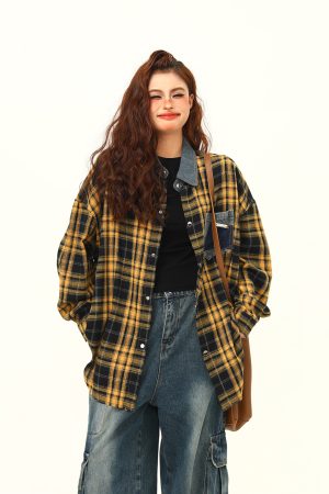 High-Quality Retro Checkered Shirt for Women, Loose Yellow Plaid Top, Versatile Fall Fashion, Vintage Style, 90s Inspired
