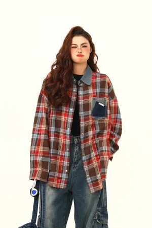 High-Quality Retro Checkered Shirt for Women, Loose Yellow Plaid Top, Versatile Fall Fashion, Vintage Style, 90s Inspired