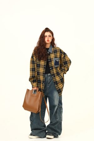 High-Quality Retro Checkered Shirt for Women, Loose Yellow Plaid Top, Versatile Fall Fashion, Vintage Style, 90s Inspired