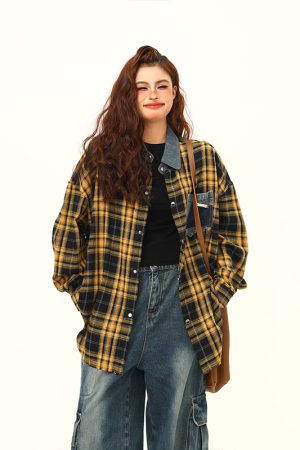 High-Quality Retro Checkered Shirt for Women, Loose Yellow Plaid Top, Versatile Fall Fashion, Vintage Style, 90s Inspired