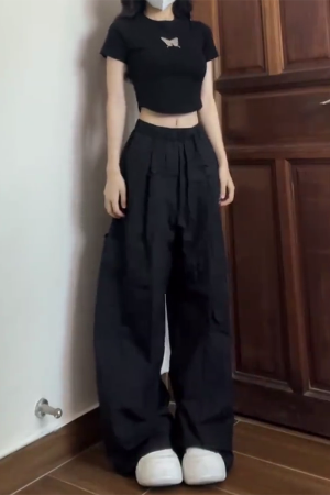 High Street American Cargo Pants for Women - Loose Casual Straight-Leg Hip-Hop K-Pop Dance Wear, Wide-Leg Sports Pants