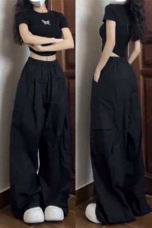 High Street American Cargo Pants for Women - Loose Casual Straight-Leg Hip-Hop K-Pop Dance Wear, Wide-Leg Sports Pants