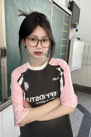 High Street Color-Blocking Short Sleeve T-Shirt for Women - Pink & Dark Gray, Trendy Summer Top for Juniors, Y2K Style