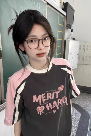 High Street Color-Blocking Short Sleeve T-Shirt for Women - Pink & Dark Gray, Trendy Summer Top for Juniors, Y2K Style