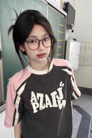 High Street Color-Blocking Short Sleeve T-Shirt for Women - Pink & Dark Gray, Trendy Summer Top for Juniors, Y2K Style