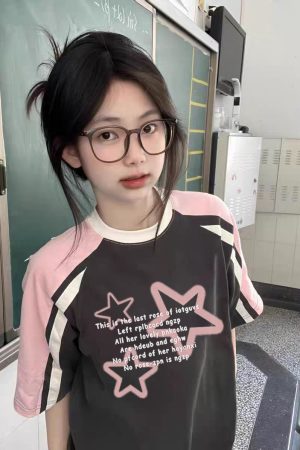 High Street Color-Blocking Short Sleeve T-Shirt for Women - Pink & Dark Gray, Trendy Summer Top for Juniors, Y2K Style