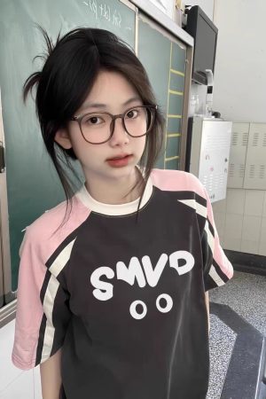 High Street Color-Blocking Short Sleeve T-Shirt for Women - Pink & Dark Gray, Trendy Summer Top for Juniors, Y2K Style