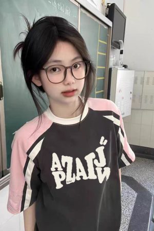 High Street Color-Blocking Short Sleeve T-Shirt for Women - Pink & Dark Gray, Trendy Summer Top for Juniors, Y2K Style