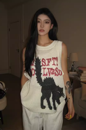 High Street Hollow-Out Vest for Women - Summer Cat Jacquard Knitted Top, Loose Hip-Hop Style, American 90s Fashion