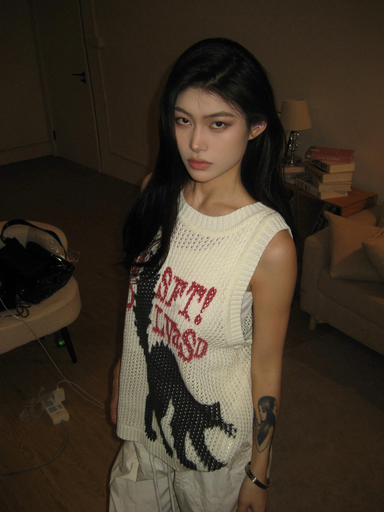 High Street Hollow-Out Vest for Women - Summer Cat Jacquard Knitted Top, Loose Hip-Hop Style, American 90s Fashion High Street Hollow-Out Vest for Women - Summer Cat Jacquard Knitted Top, Loose Hip-Hop Style, American 90s Fashion