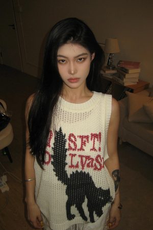 High Street Hollow-Out Vest for Women - Summer Cat Jacquard Knitted Top, Loose Hip-Hop Style, American 90s Fashion