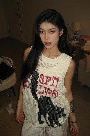 High Street Hollow-Out Vest for Women - Summer Cat Jacquard Knitted Top, Loose Hip-Hop Style, American 90s Fashion
