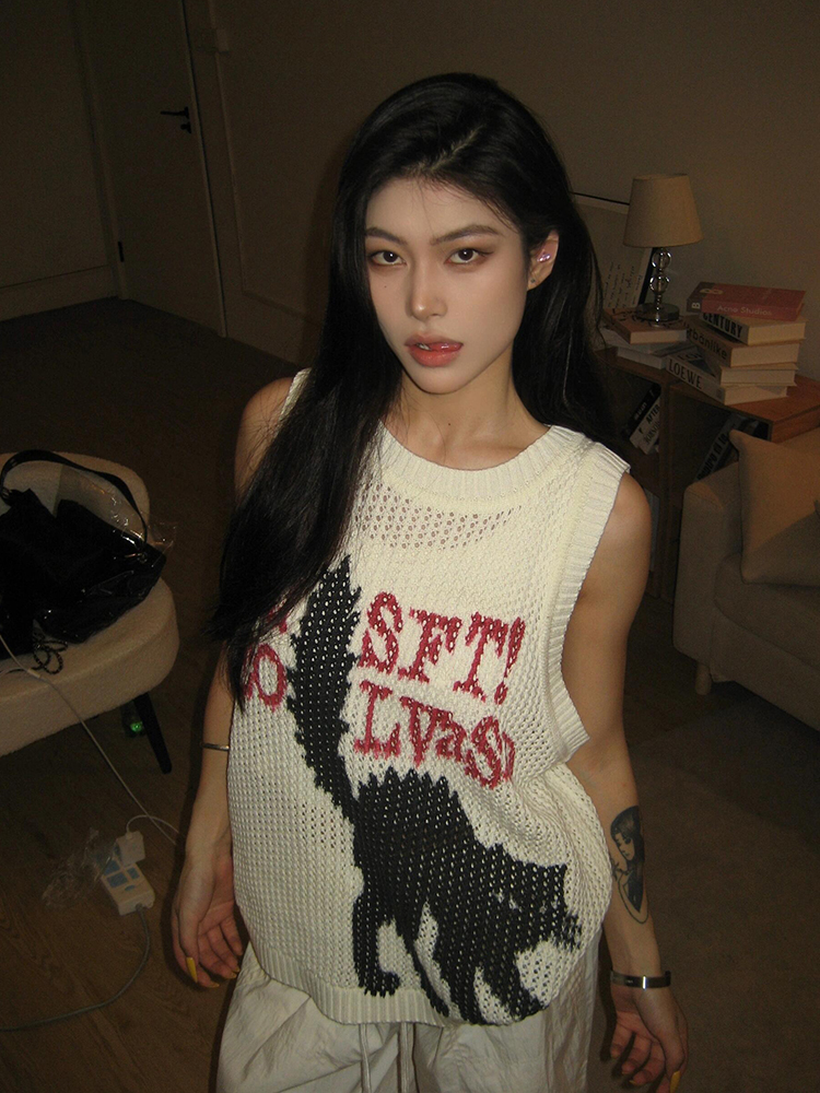 High Street Hollow-Out Vest for Women - Summer Cat Jacquard Knitted Top, Loose Hip-Hop Style, American 90s Fashion High Street Hollow-Out Vest for Women - Summer Cat Jacquard Knitted Top, Loose Hip-Hop Style, American 90s Fashion
