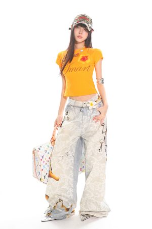 High Street Slimming Casual Wide-Leg Denim Pants with Fire-Burn Lace Print - Trendy 90s Inspired Heavyweight Design