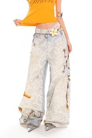 High Street Slimming Casual Wide-Leg Denim Pants with Fire-Burn Lace Print - Trendy 90s Inspired Heavyweight Design