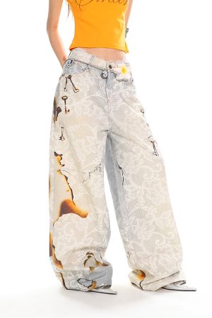High Street Slimming Casual Wide-Leg Denim Pants with Fire-Burn Lace Print - Trendy 90s Inspired Heavyweight Design