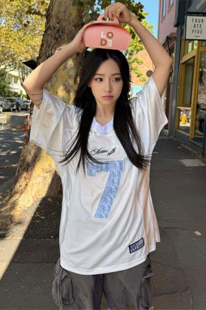 High Street V-Neck Short Sleeve Women's Summer Digital Print Jersey T-Shirt, Unique Loose Color-Blocking Top, American Style