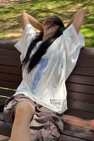 High Street V-Neck Short Sleeve Women's Summer Digital Print Jersey T-Shirt, Unique Loose Color-Blocking Top, American Style