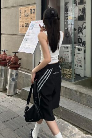 High Street Vintage Black Shorts for Women - Summer Loose Fit Three-Stripe Cropped Wide-Leg Sports Pants