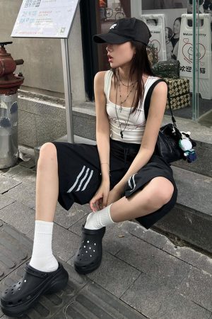 High Street Vintage Black Shorts for Women - Summer Loose Fit Three-Stripe Cropped Wide-Leg Sports Pants