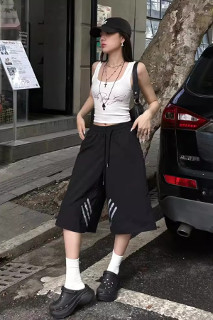 High Street Vintage Black Shorts for Women - Summer Loose Fit Three-Stripe Cropped Wide-Leg Sports Pants