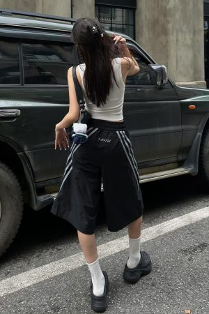 High Street Vintage Black Shorts for Women - Summer Loose Fit Three-Stripe Cropped Wide-Leg Sports Pants