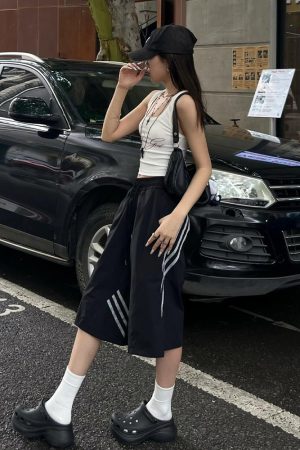 High Street Vintage Black Shorts for Women - Summer Loose Fit Three-Stripe Cropped Wide-Leg Sports Pants