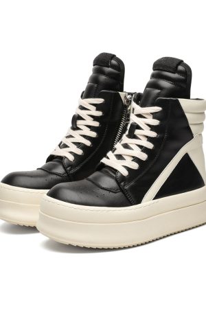 High-Top Black and White Skate Shoes for Men and Women, Trendy Platform Martin Boots, Inverted Triangle Design, Street Style