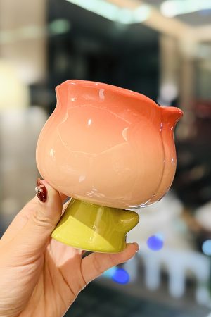 High-Value Peach Ceramic Water Cup with Spoon - Cute Girls' High-Footed Ice Cream Dessert Mug
