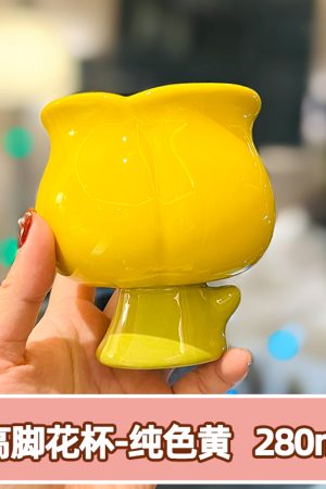 High-Value Peach Ceramic Water Cup with Spoon - Cute Girls' High-Footed Ice Cream Dessert Mug