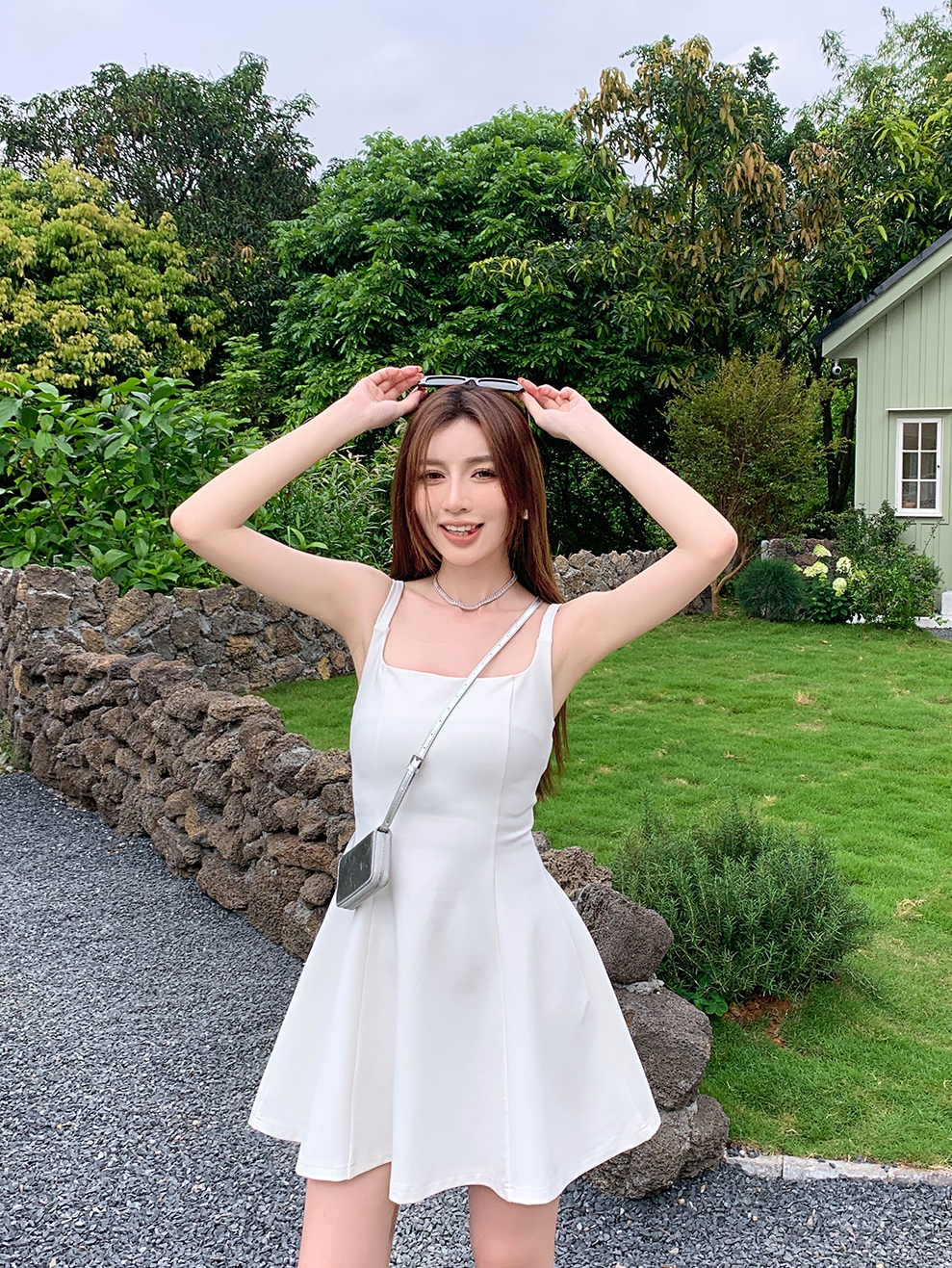 High Waist A-Line Short Skirt for Tall Women - Elegant Spring Summer Dress with Square Neck and Spaghetti Straps, Slimming Fit High Waist A-Line Short Skirt for Tall Women - Elegant Spring Summer Dress with Square Neck and Spaghetti Straps, Slimming Fit