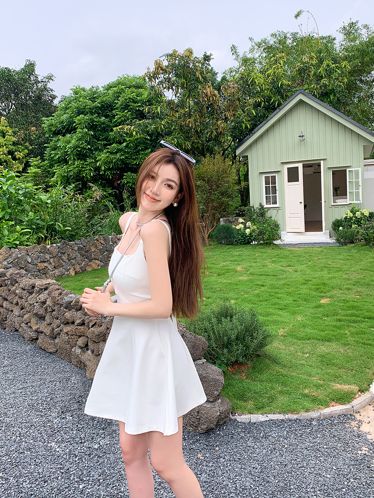 High Waist A-Line Short Skirt for Tall Women - Elegant Spring Summer Dress with Square Neck and Spaghetti Straps, Slimming Fit High Waist A-Line Short Skirt for Tall Women - Elegant Spring Summer Dress with Square Neck and Spaghetti Straps, Slimming Fit