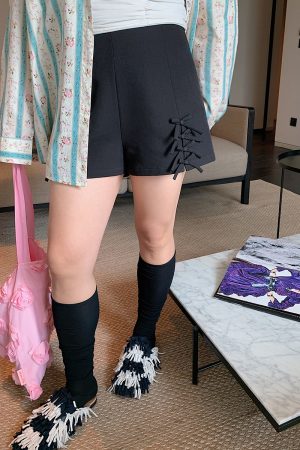 High Waist Casual Loose Black Shorts with Gold Butterfly Knot Cutout for Women - Spring/Summer 2025 Fashion Trend