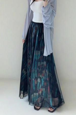 High Waist Colorful Printed Chiffon Skirt for Women - Glossy Long Hem Spring/Summer 2025 Fashion, Ground-Dragging Design