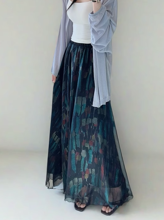 High Waist Colorful Printed Chiffon Skirt for Women - Glossy Long Hem Spring/Summer 2025 Fashion, Ground-Dragging Design High Waist Colorful Printed Chiffon Skirt for Women - Glossy Long Hem Spring/Summer 2025 Fashion, Ground-Dragging Design