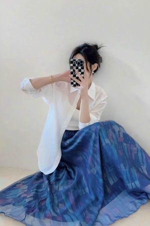 High Waist Colorful Printed Chiffon Skirt for Women - Glossy Long Hem Spring/Summer 2025 Fashion, Ground-Dragging Design