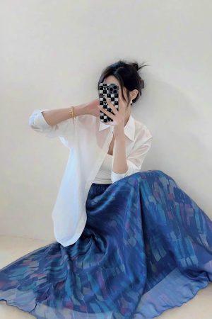 High Waist Colorful Printed Chiffon Skirt for Women - Glossy Long Hem Spring/Summer 2025 Fashion, Ground-Dragging Design