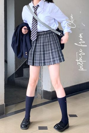 High Waist Pleated JK Plaid Skirt for Women - Cute Pudding Bear Design, Y2K Aesthetic Short Uniform Skirt