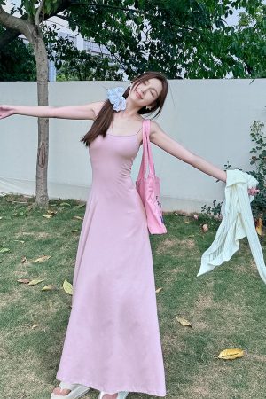 High-Waisted A-Line Long Skirt Dress - Light Fabric, Slimming Flared Design, Stretchy Fitted Spaghetti Strap, Perfect for Y2K Style