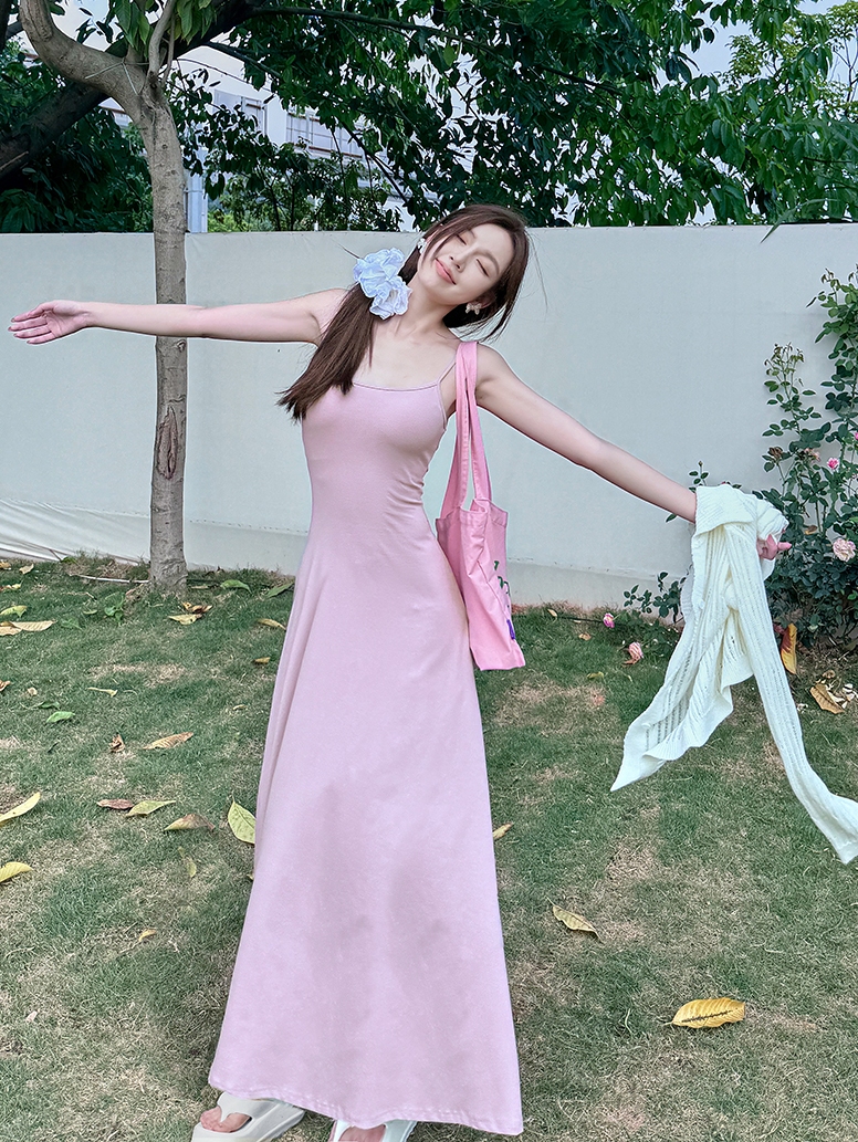 High-Waisted A-Line Long Skirt Dress - Light Fabric, Slimming Flared Design, Stretchy Fitted Spaghetti Strap, Perfect for Y2K Style High-Waisted A-Line Long Skirt Dress - Light Fabric, Slimming Flared Design, Stretchy Fitted Spaghetti Strap, Perfect for Y2K Style