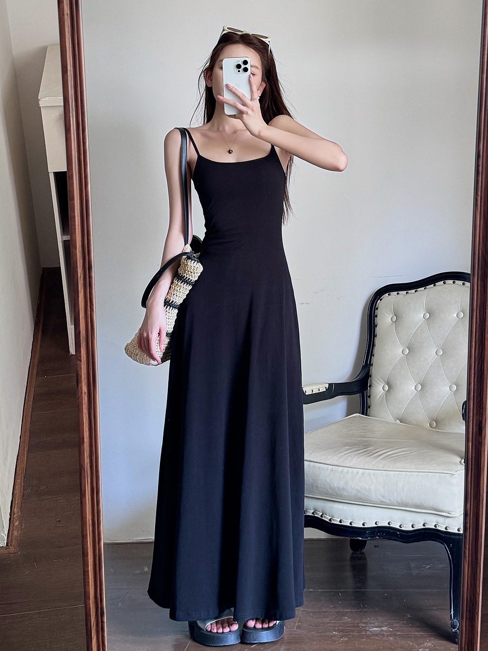 High-Waisted A-Line Long Skirt Dress - Light Fabric, Slimming Flared Design, Stretchy Fitted Spaghetti Strap, Perfect for Y2K Style High-Waisted A-Line Long Skirt Dress - Light Fabric, Slimming Flared Design, Stretchy Fitted Spaghetti Strap, Perfect for Y2K Style