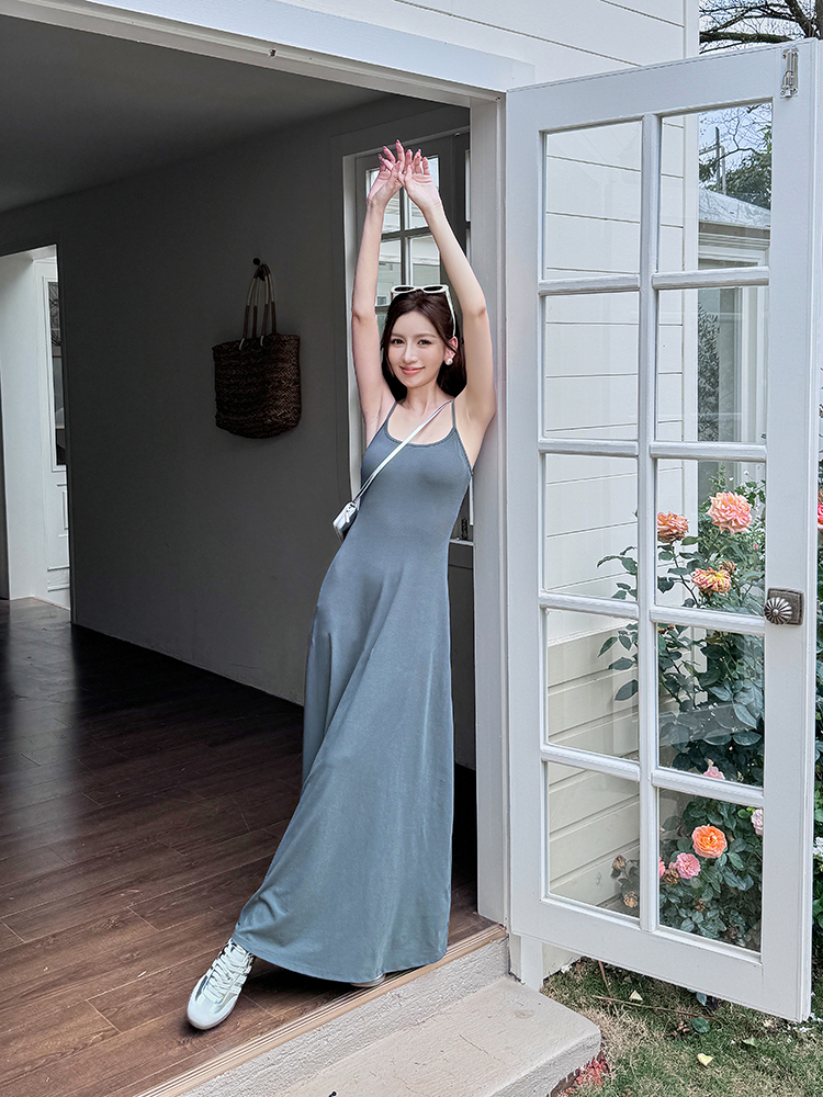 High-Waisted A-Line Long Skirt Dress - Light Fabric, Slimming Flared Design, Stretchy Fitted Spaghetti Strap, Perfect for Y2K Style High-Waisted A-Line Long Skirt Dress - Light Fabric, Slimming Flared Design, Stretchy Fitted Spaghetti Strap, Perfect for Y2K Style