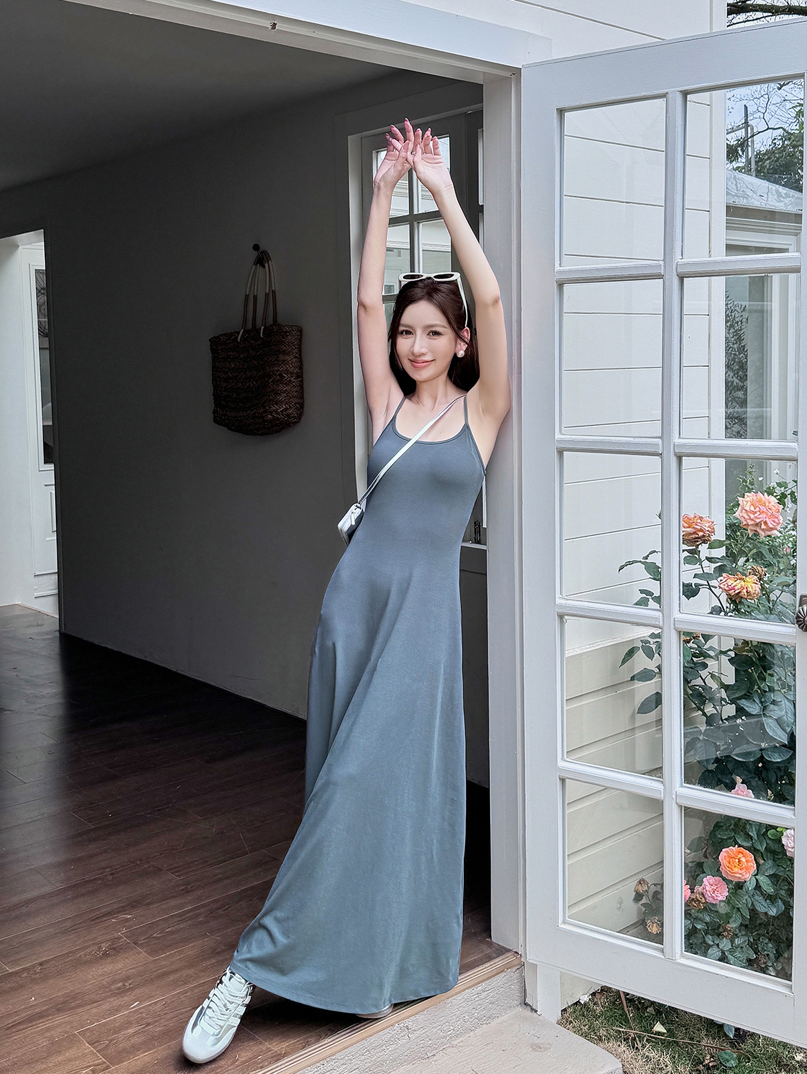 High-Waisted A-Line Long Skirt Dress - Light Fabric, Slimming Flared Design, Stretchy Fitted Spaghetti Strap, Perfect for Y2K Style High-Waisted A-Line Long Skirt Dress - Light Fabric, Slimming Flared Design, Stretchy Fitted Spaghetti Strap, Perfect for Y2K Style