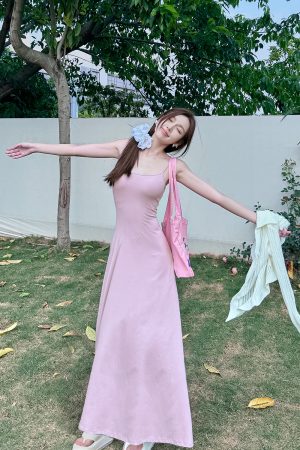 High-Waisted A-Line Long Skirt Dress - Light Fabric, Slimming Flared Design, Stretchy Fitted Spaghetti Strap, Perfect for Y2K Style