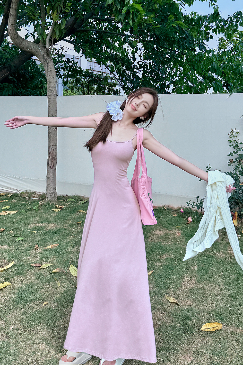 High-Waisted A-Line Long Skirt Dress - Light Fabric, Slimming Flared Design, Stretchy Fitted Spaghetti Strap, Perfect for Y2K Style High-Waisted A-Line Long Skirt Dress - Light Fabric, Slimming Flared Design, Stretchy Fitted Spaghetti Strap, Perfect for Y2K Style