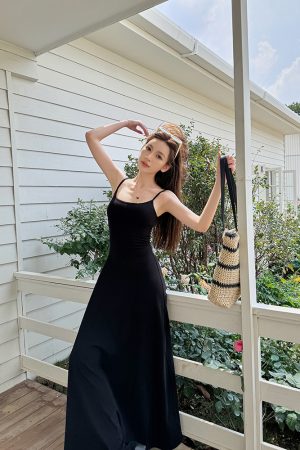 High-Waisted A-Line Long Skirt Dress - Light Fabric, Slimming Flared Design, Stretchy Fitted Spaghetti Strap, Perfect for Y2K Style