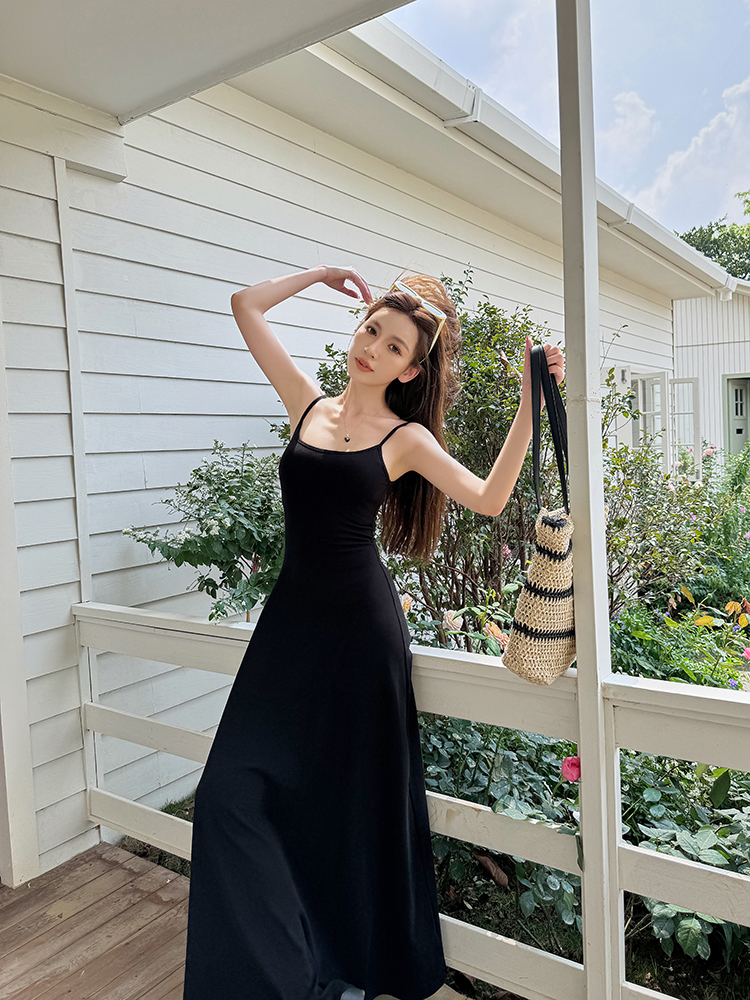 High-Waisted A-Line Long Skirt Dress - Light Fabric, Slimming Flared Design, Stretchy Fitted Spaghetti Strap, Perfect for Y2K Style High-Waisted A-Line Long Skirt Dress - Light Fabric, Slimming Flared Design, Stretchy Fitted Spaghetti Strap, Perfect for Y2K Style