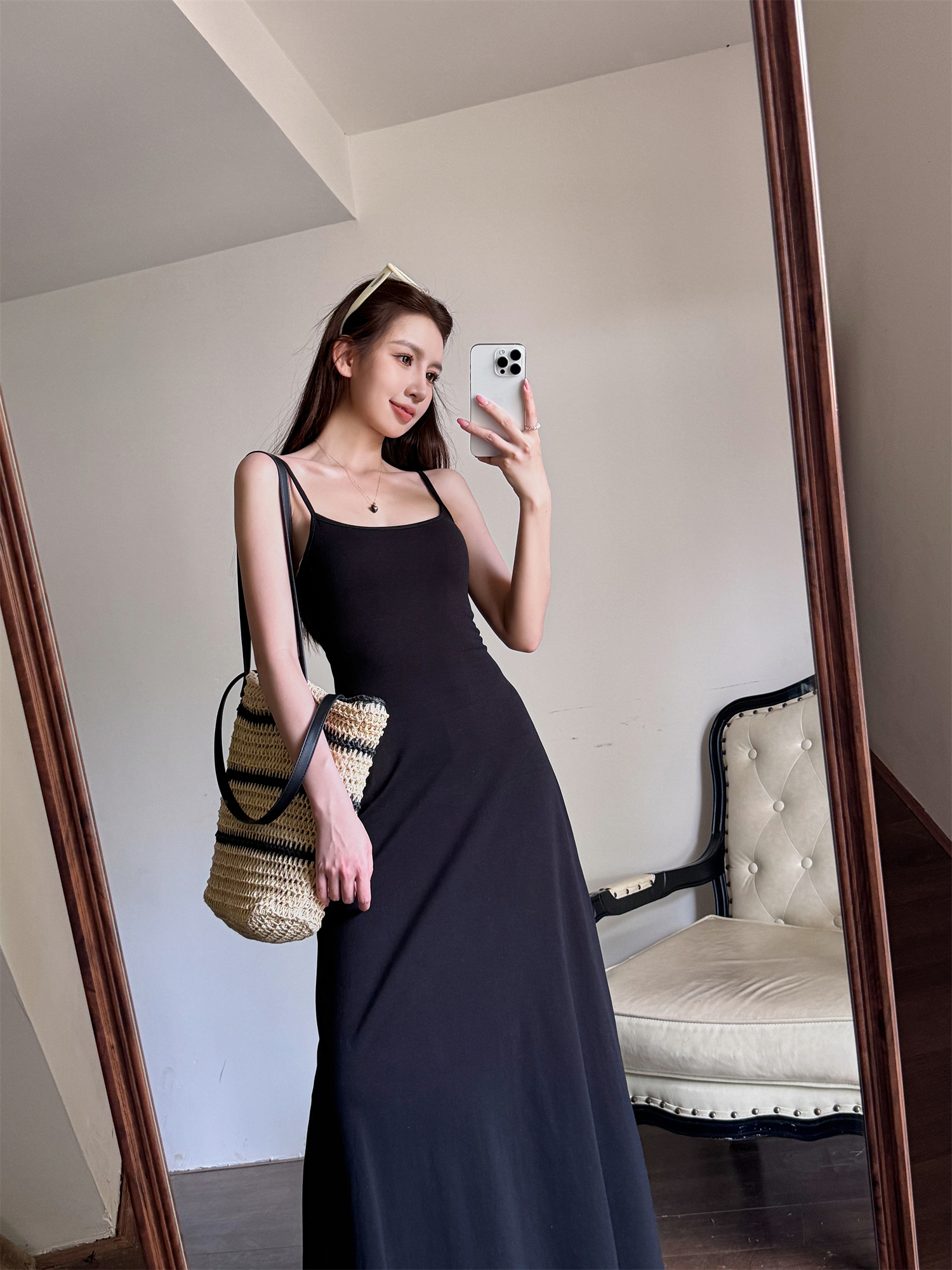 High-Waisted A-Line Long Skirt Dress - Light Fabric, Slimming Flared Design, Stretchy Fitted Spaghetti Strap, Perfect for Y2K Style High-Waisted A-Line Long Skirt Dress - Light Fabric, Slimming Flared Design, Stretchy Fitted Spaghetti Strap, Perfect for Y2K Style
