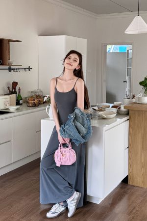 High-Waisted A-Line Long Skirt Dress - Light Fabric, Slimming Flared Design, Stretchy Fitted Spaghetti Strap, Perfect for Y2K Style